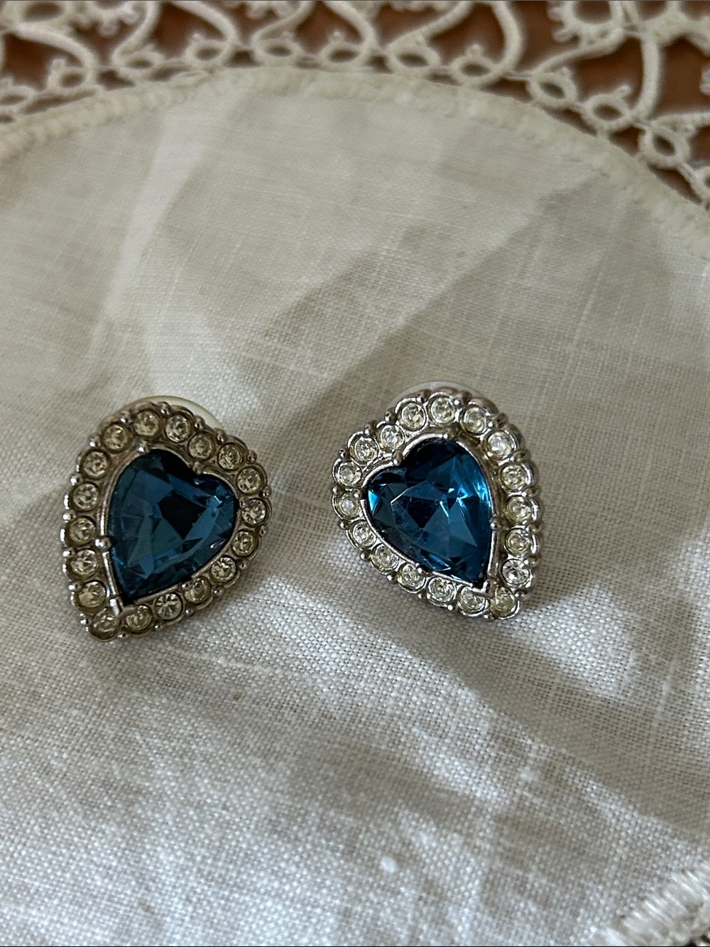 Blue Heart Crystal Stud Earrings with Clear Rhinestone Halo